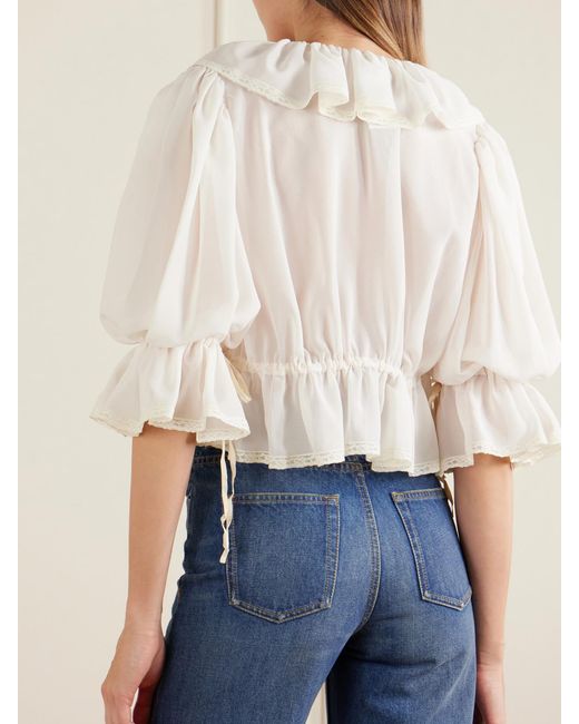 Chloé Natural Lace-Trimmed Ruffled Silk-Georgette Blouse