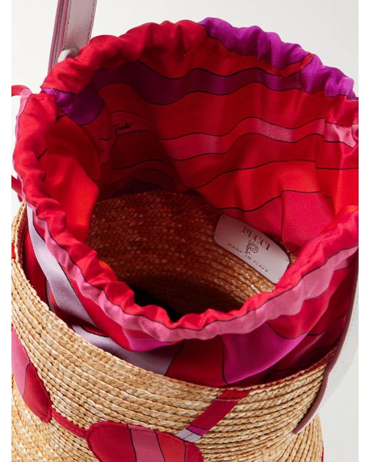 Emilio Pucci Red Nella Leather-Trimmed Raffia And Printed Satin-Twill Tote