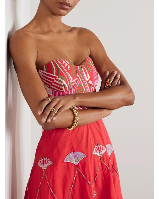 Emporio Sirenuse Red Lotty Neckholder-Midikleid Aus Popeline Aus Einer Baumwollmischung Mit Zierperlen Und Stickereien