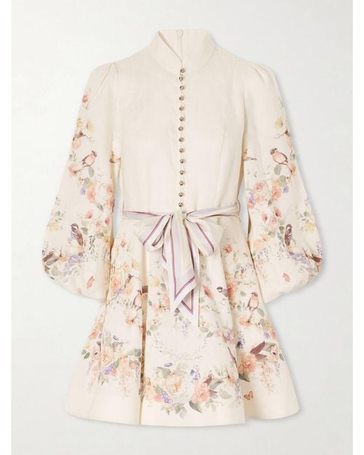 Zimmermann Natural Valiant Floral-Print Belted Linen Mini Dress