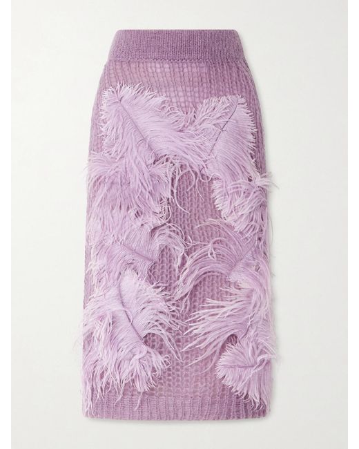 The Attico Purple Feather-Trimmed Crochet-Knit Midi Skirt