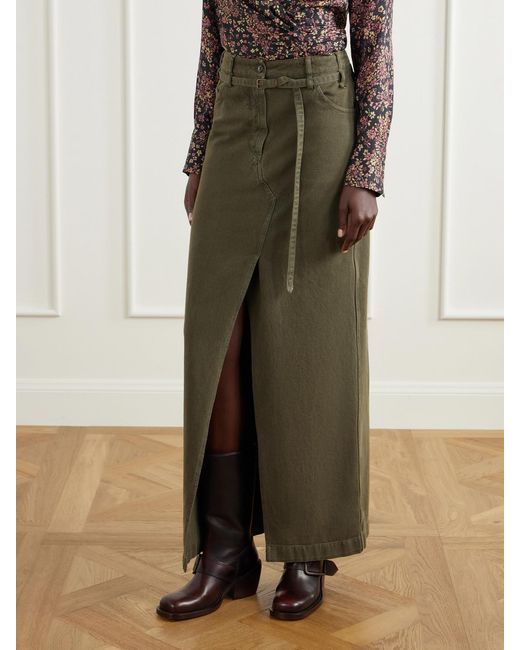 Dries Van Noten Green Belted Cotton-Twill Midi Skirt