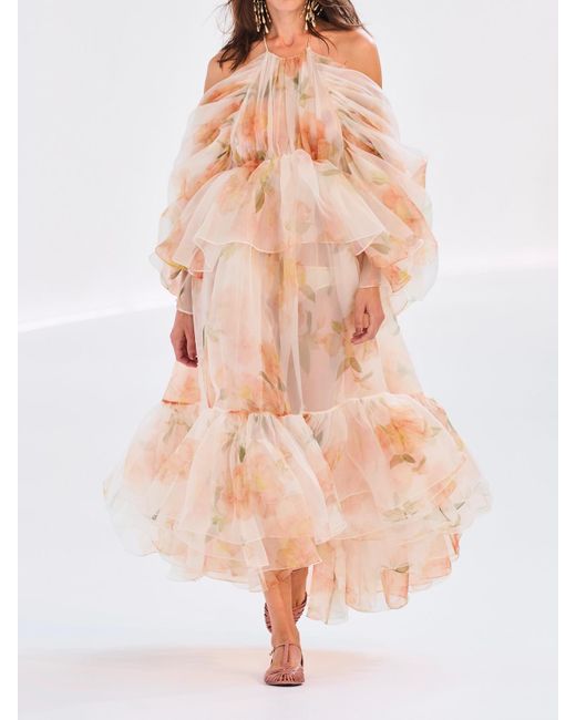 Zimmermann Pink Natura Tiered Floral-Print Silk-Organza Halterneck Midi Dress