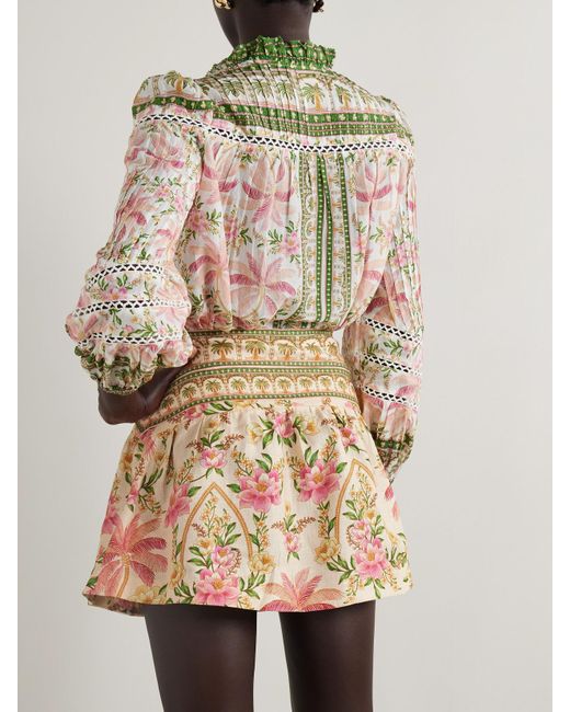 Farm Rio Natural Belted Wrap-Effect Pleated Floral-Print Linen Mini Skirt