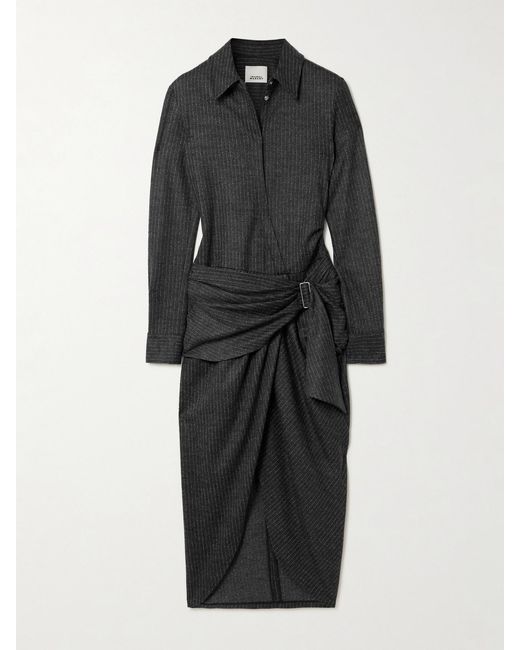 Isabel Marant Black Rosalie Draped Pinstriped Wool And Cotton-Blend Mini Dress