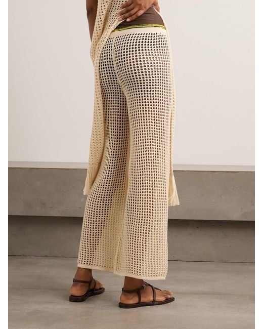 Escvdo Natural Atuq Fringed Open-Knit Cotton Wide-Leg Pants