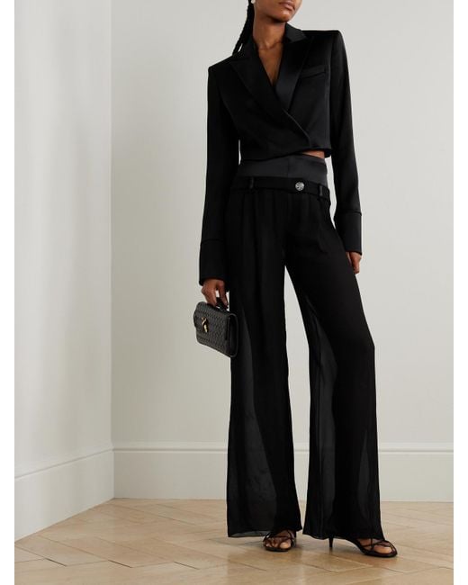 Galvan Black Strata Embellished Satin-Trimmed Georgette Wide-Leg Pants