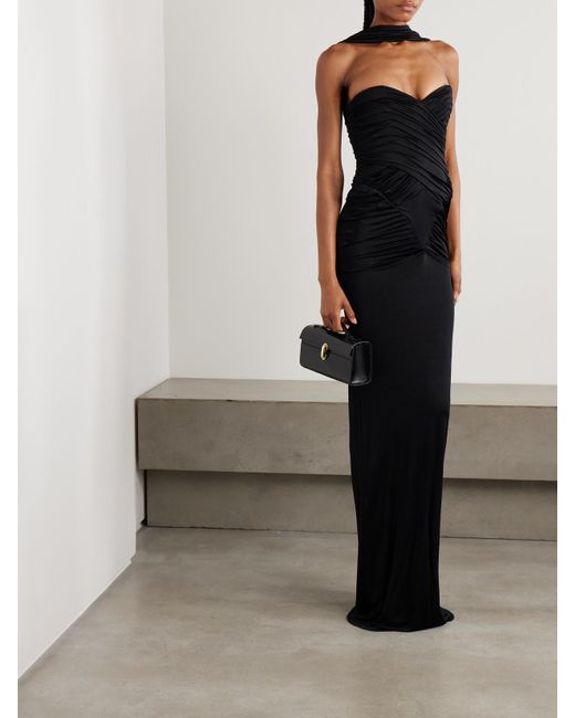 The New Arrivals Ilkyaz Ozel Black Samsara Strapless Gathered Stretch-Satin Gown
