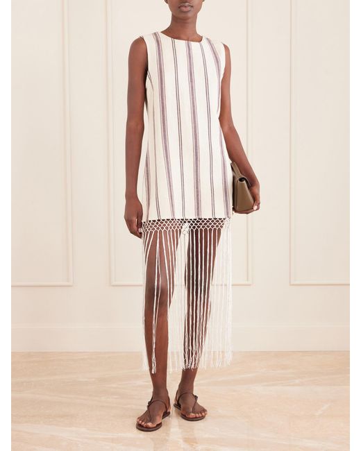 Alix Of Bohemia White Vita Fringed Striped Cotton And Linen-Blend Mini Dress