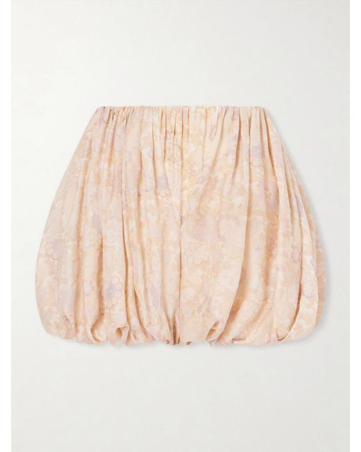 Chloé Natural Pleated Floral-Print Silk-Charmeuse Shorts