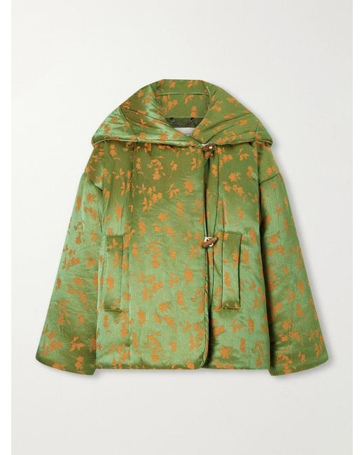 Dries Van Noten Green Hooded Padded Floral-Jacquard Short Jacket