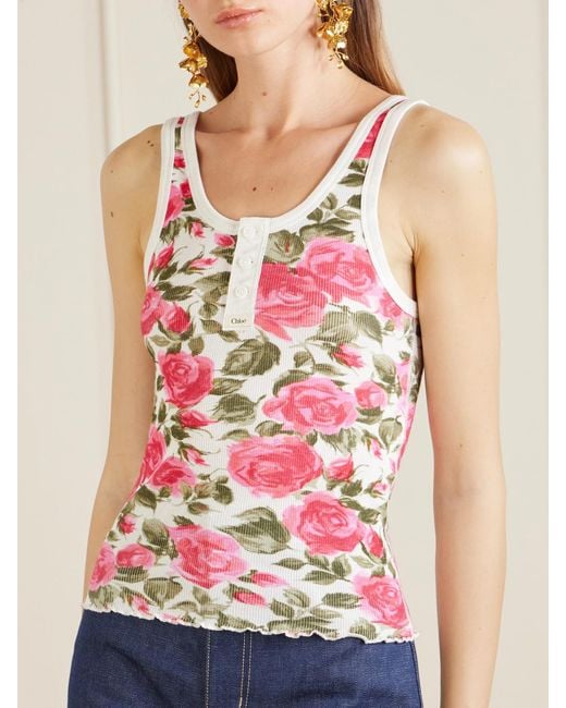 Chloé Pink Floral-Print Ribbed Stretch-Cotton Jersey Tank