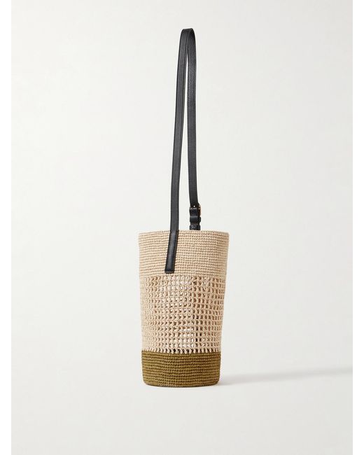 Khaite White Billie Leather-Trimmed Two-Tone Raffia Bucket Bag