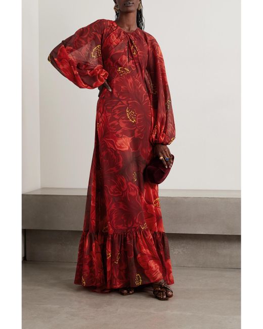 LaDoubleJ Red Eve Floral-Print Chiffon Maxi Dress