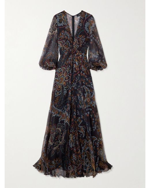 Etro Black Pleated Gathered Floral-Print Silk-Crepon Maxi Dress