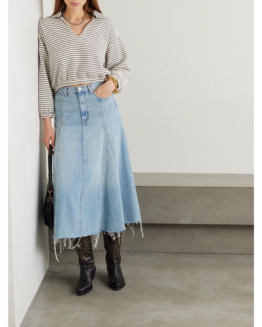 Mother Blue The Full Swing Frayed Denim Midi Skirt