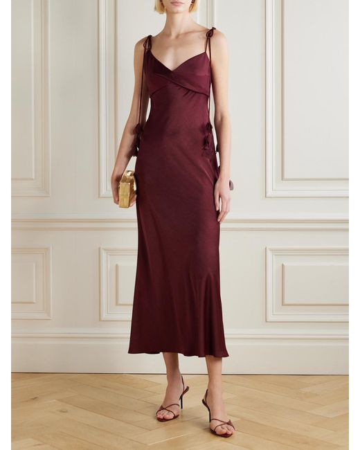 Self-Portrait Red Georgette-Trimmed Draped Satin Midi Dress