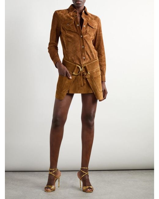Tom Ford Brown Belted Layered Suede Mini Skirt
