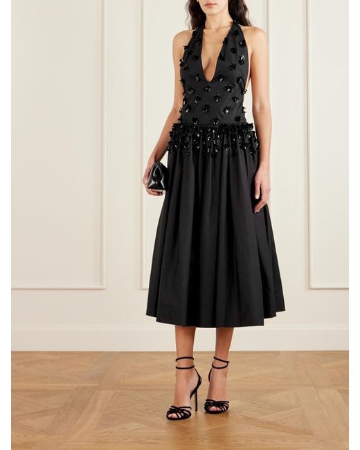 DIOTIMA Black Open-Back Embellished Pleated Cotton-Poplin Halterneck Midi Dress