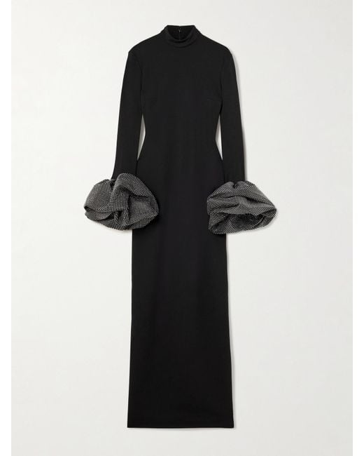 Solace London Black Viviana Ruffled Crystal-Embellished Crepe Mock-Neck Gown