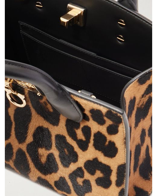 Ferragamo Black The Studio Box Leather-Trimmed Leopard-Print Calf Hair Tote
