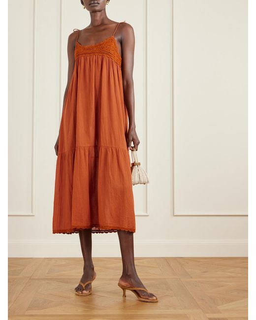 Ulla Johnson Orange Linnea Tasseled Crochet-Trimmed Cotton Midi Dress