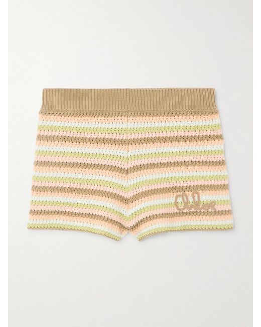 Chloé Natural Shorts Aus Gehäkelter Baumwolle Mit Streifen Und Stickerei