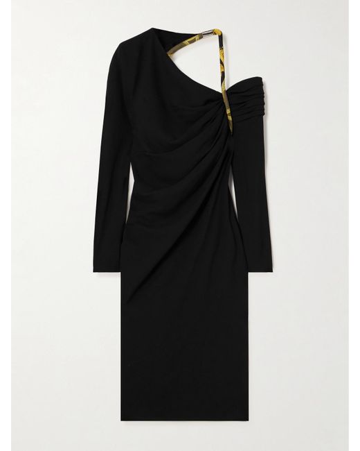 Robe Midi Asymétrique Dos Ouvert En Cady À Finitions En Serge De Soie Imprimée À Fronces Versace en coloris Black