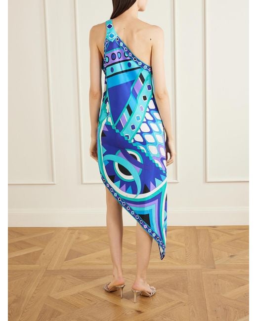 Emilio Pucci Blue Printed Asymmetric One-Shoulder Silk-Twill Dress