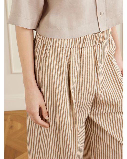 Brunello Cucinelli Natural Cropped Pleated Striped Cotton-Blend Wide-Leg Pants