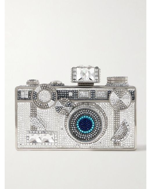 Judith Leiber Blue Camera Flash Silberfarbene Clutch Mit Kristallen