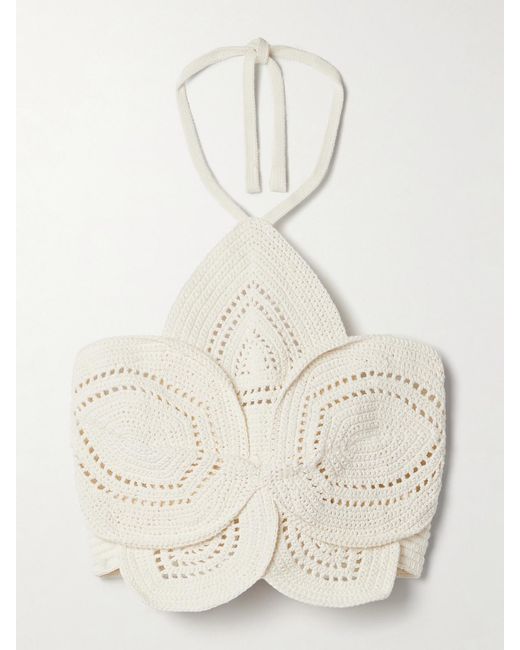 Cult Gaia Natural Emelia Cropped Crocheted Cotton Halterneck Top