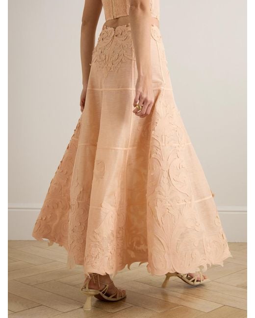 Zimmermann Natural Rebellion Appliquéd Linen And Silk-Blend Midi Skirt