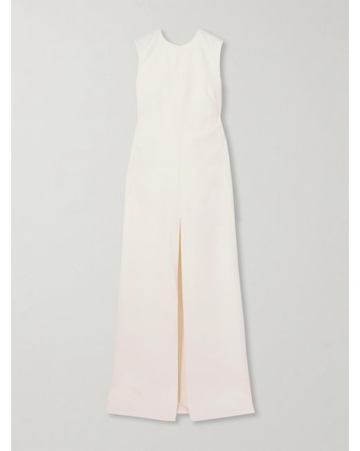 Sa Su Phi White Tuxedo Open-Back Draped Silk-Blend Satin-Trimmed Wool Maxi Dress