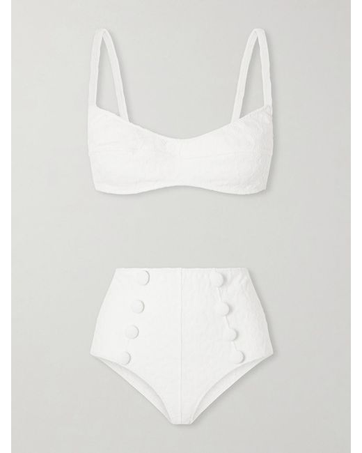 Lisa Marie Fernandez White Balconette Button-Embellished Floral-Jacquard Bikini