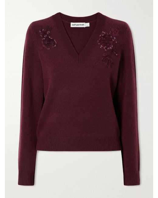 Self-Portrait Purple Floral-Embellished Wool-Blend Cardigan