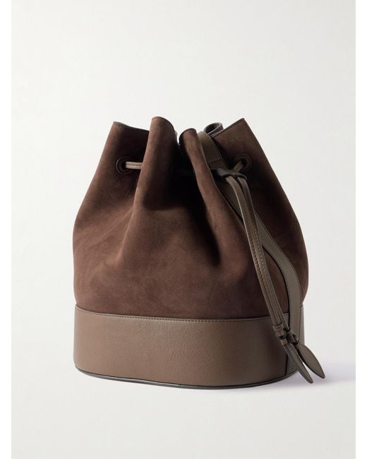 Hunting Season Brown Extra Large Drawstring Leather-Trimmed Suede Bucket Bag