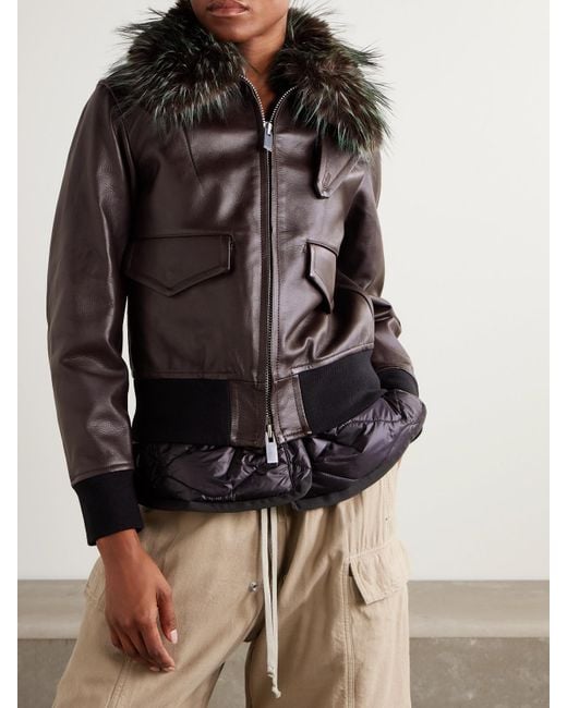 Sacai Black Convertible Plush-Trimmed Padded Leather Jacket