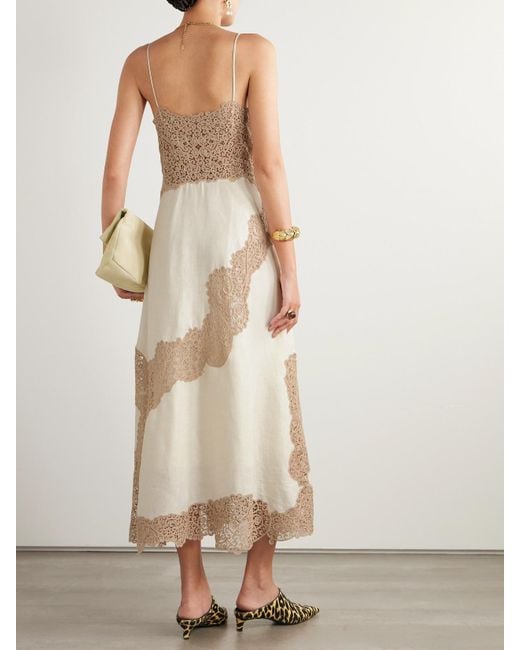 Ulla Johnson Natural Evangeline Midikleid Aus Leinen Mit Guipure-Spitzenbesätzen