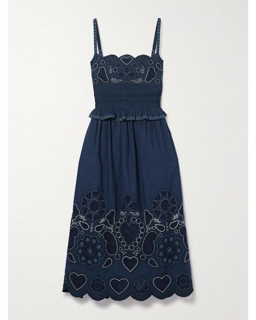 Sea Blue Jeanetta Mesh-Trimmed Embroidered Cotton-Voile Midi Dress