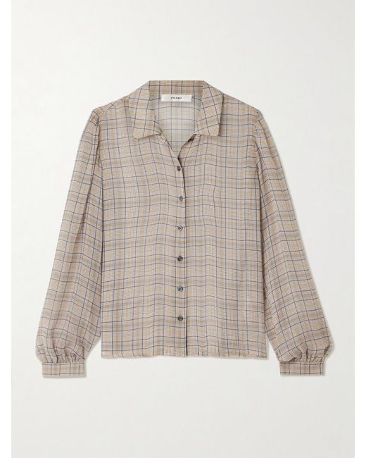 FRAME Natural The Plaid Staple Gathered Checked Silk-Chiffon Shirt