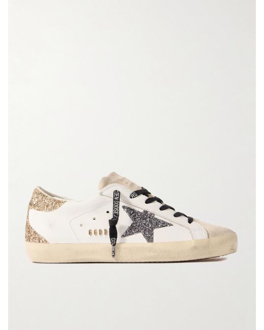 Golden Goose Deluxe Brand Natural Super-Star Distressed Suede-Trimmed Glittered Leather Sneakers