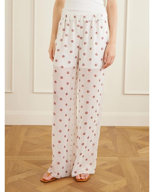 LIBEROWE White Palazzo Floral-Print Wide-Leg Silk Pants