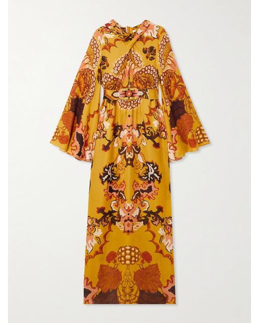 Johanna Ortiz Yellow Frontier Melodies Embroidered Printed Silk-Georgette Maxi Dress