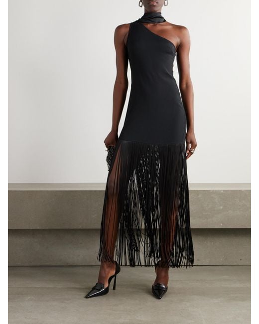 ‎Taller Marmo Black Atlanta Asymmetric One-Shoulder Fringed Crepe Gown