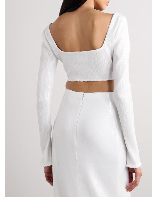 Galvan White Beating Heart Cropped Sequined Tulle Top