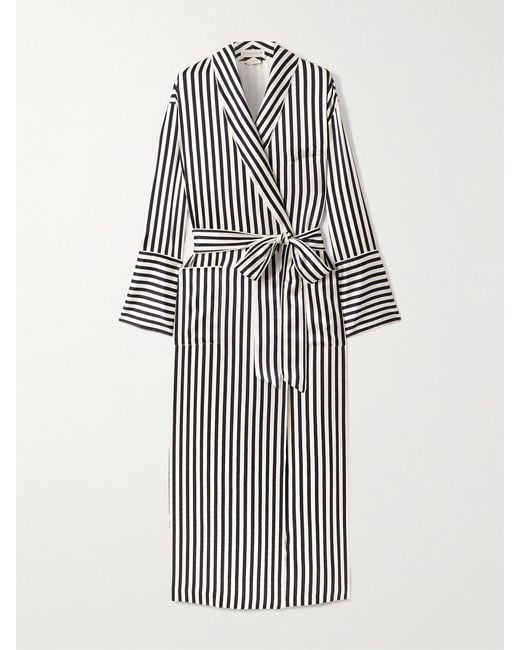 Olivia Von Halle White Nika Belted Striped Silk-Satin Robe