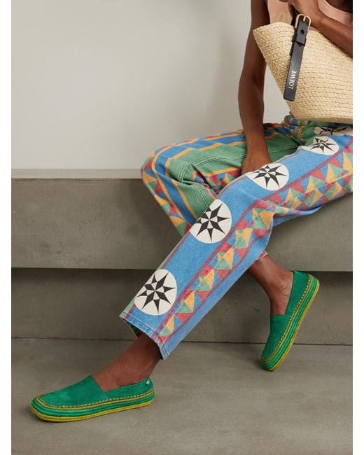 Loewe Green Paula's Ibiza Rio Raffia-Trimmed Suede Espadrilles