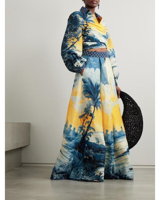 Camilla Blue Embellished Printed Linen And Silk-Blend Maxi Wrap Skirt