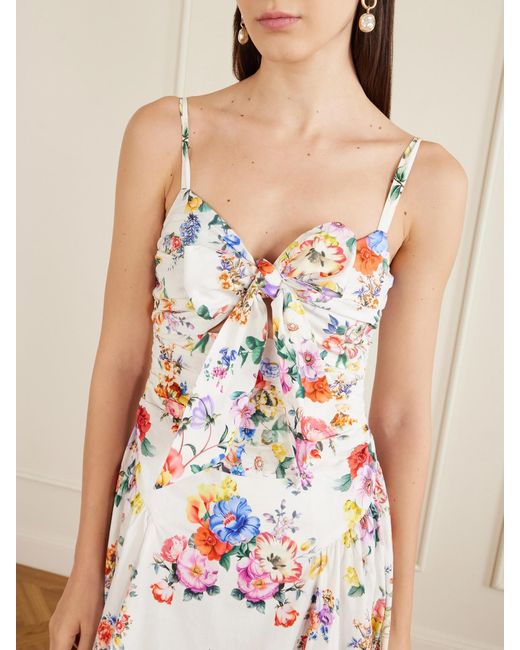 Camilla White Ballerina Tie-Detailed Cutout Ruched Floral-Print Cotton-Blend Midi Dress